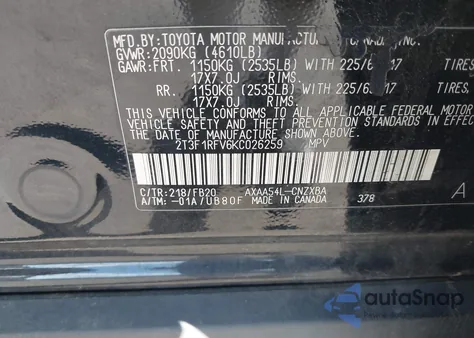 2019 Toyota Rav4 Le from USA, damaged, VIN 2T3F1RFV6KC026259